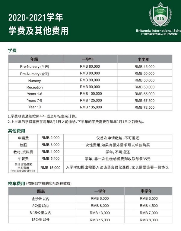 廣州英倫外籍人員子女學(xué)校2020-2021學(xué)年學(xué)費(fèi)