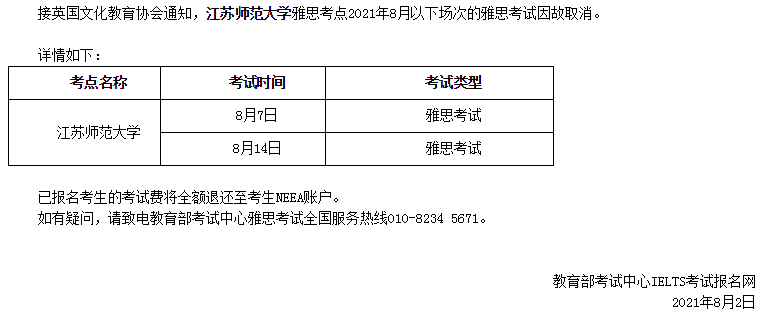 關(guān)于取消2021年8月江蘇師范大學(xué)部分場(chǎng)次雅思的通知