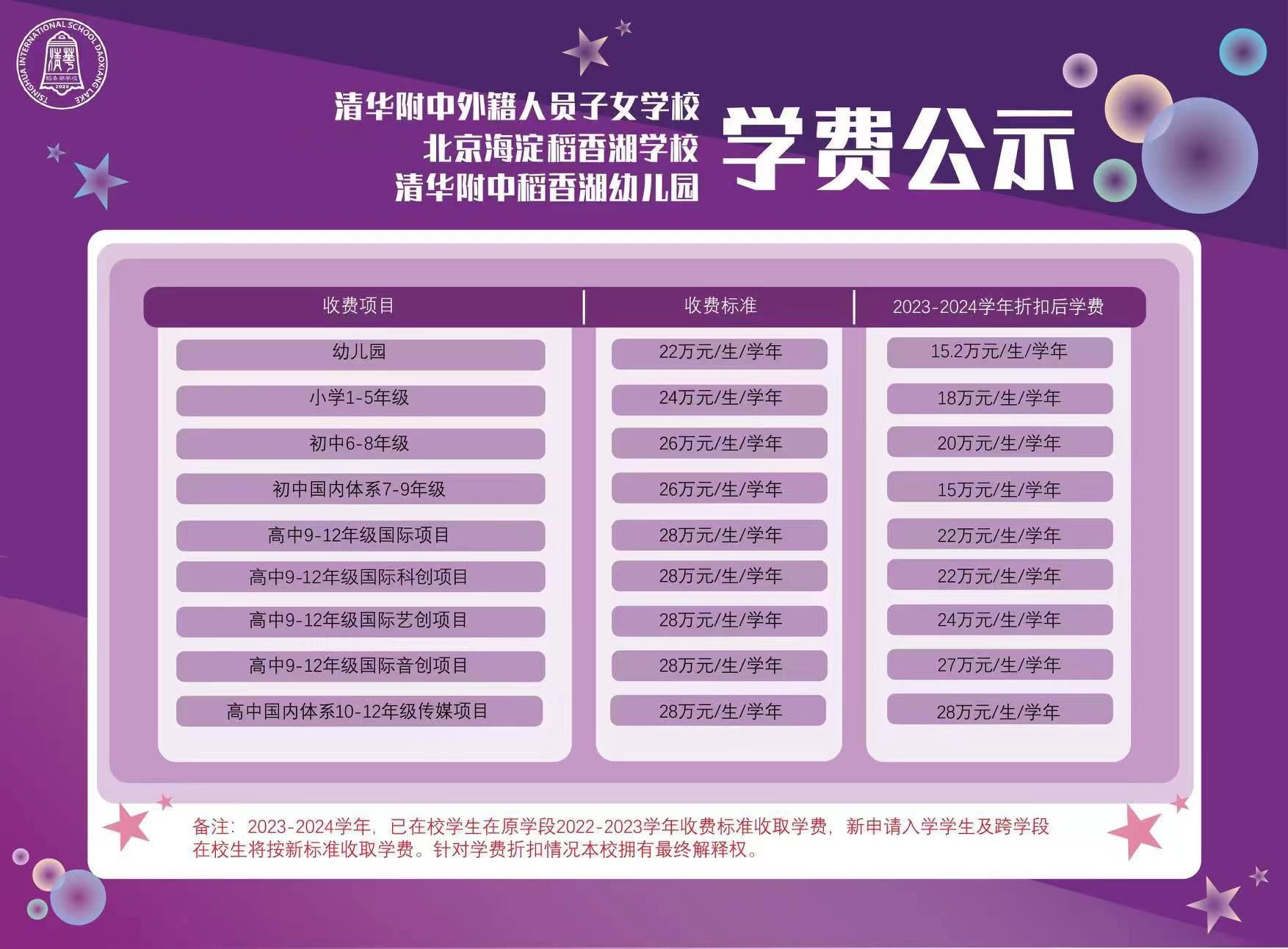 北京清華附中稻香湖學(xué)校2023-2024學(xué)年學(xué)費參考